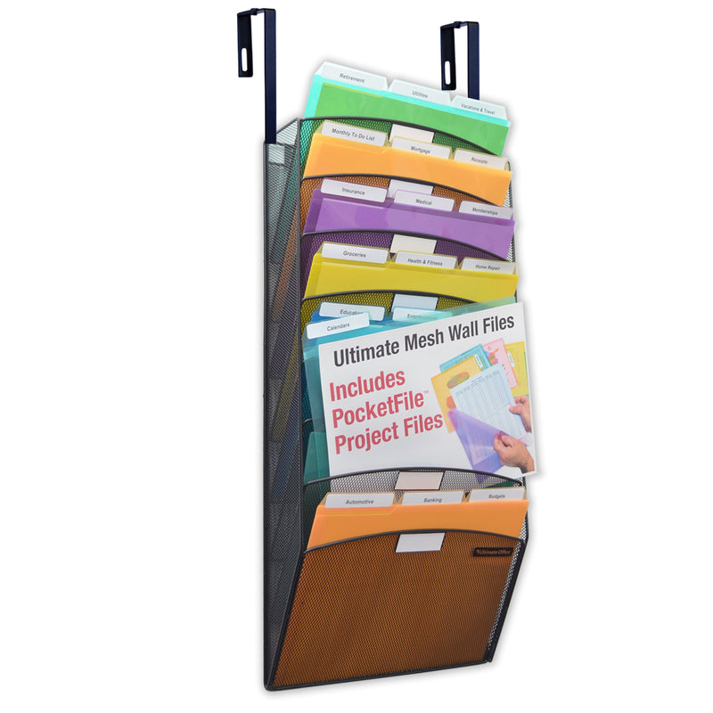 Ultimate Office Mesh Wall File Organizer, 8 Tier Cubicle File Folder Holder Over the Panel Partition Display Rack, Includes 18, 3rd-Cut PocketFiles™, Black