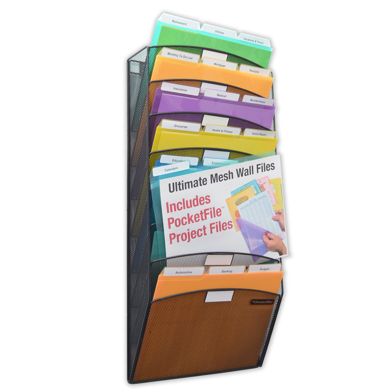 Ultimate Office Mesh Wall File Organizer, 8 Tier Vertical Mount Hanging File Sorter, Multipurpose Display Rack Includes 18, 3rd-Cut PocketFiles™, Black