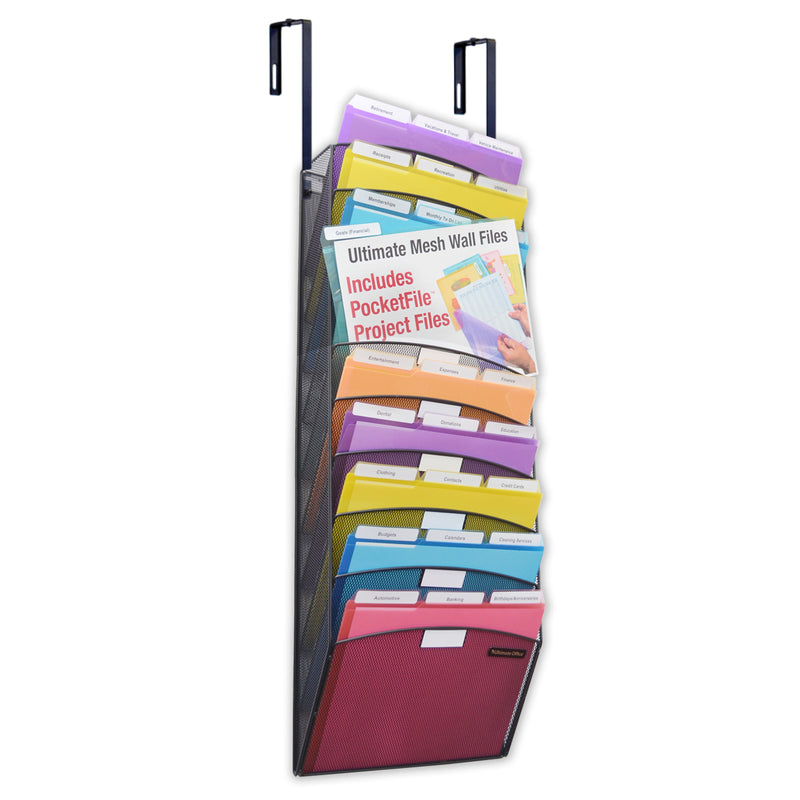 Ultimate Office Mesh Wall File Organizer, 10 Tier Cubicle File Folder Holder Over the Panel Partition Display Rack, Includes 18, 3rd-Cut PocketFiles™, Black