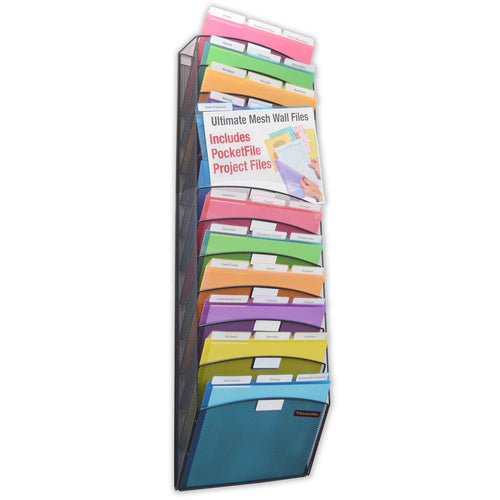 Ultimate Office Mesh Wall File Organizer, 12 Tier Vertical Mount Hanging File Sorter, High Capacity Multipurpose Display Rack Includes 18, 3rd-Cut PocketFiles™, Black