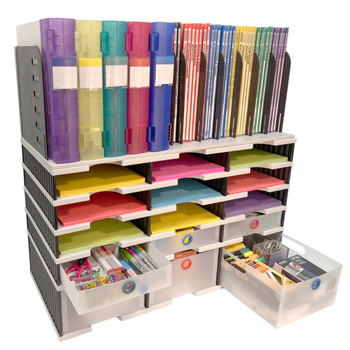 Desktop Organizer 12 Slot Sorter, Riser Base, Vertical File, 3 Storage & 3 Supply Drawers - TierDrop™ Organizer Stores All of Your Documents, Files, Binders and Supplies in One Compact Modular System