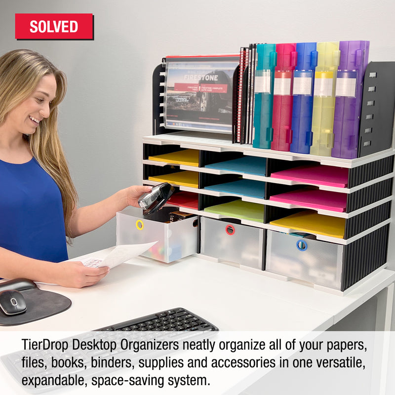 TierDrop™ Desktop Organizer (9 Compartments, 3 Storage Drawers, PLUS a Riser Storage Base, COMBINED with a TierDrop™ Hanging File/Vertical File Topper