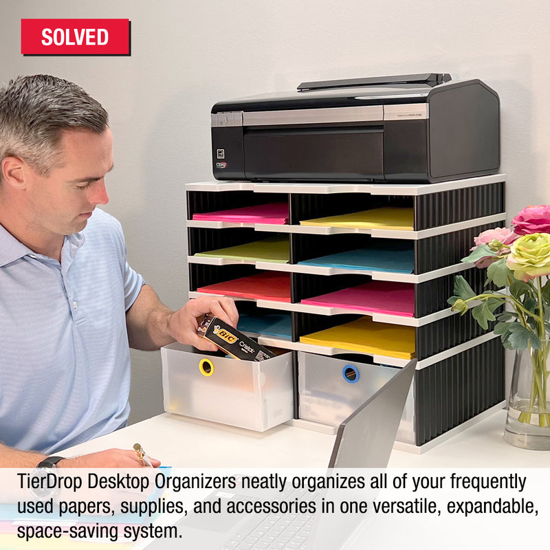 Desktop Organizer 8 Letter Tray Sorter Plus Riser Storage Base & 2 Storage Drawers - TierDrop™ Plus Stores All of Your Documents, Files, Forms & Frequently Used Supplies in One Compact Modular System