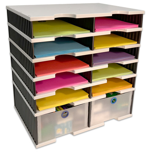 Desktop Organizer 10 Letter Tray Sorter Plus Riser Storage Base & 2 Storage Drawers - TierDrop™ Plus Stores All of Your Documents & Supplies in Clear View & Within Arm's Reach Using Minimal Desk Space