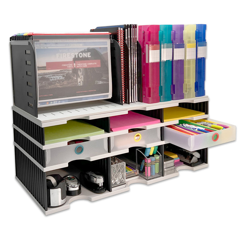 TierDrop™ Desktop Organizer (6 Compartments, 3 Supply Drawers, PLUS a Riser Storage Base, COMBINED with a TierDrop™ Hanging File/Vertical File Topper