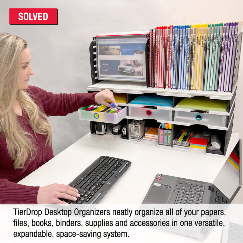 TierDrop™ Desktop Organizer (6 Compartments, 3 Supply Drawers, PLUS a Riser Storage Base, COMBINED with a TierDrop™ Hanging File/Vertical File Topper