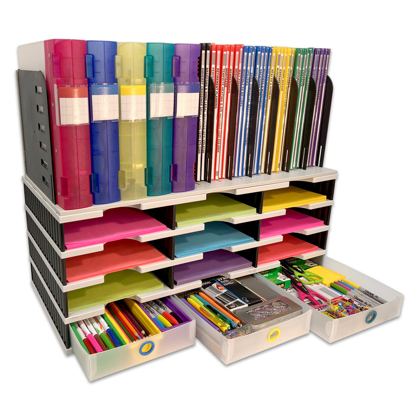 Desktop Organizer 12 Letter Tray Sorter, Vertical File Top & 3 Supply Drawers - TierDrop™ Desktop Organizer Stores All of Your Documents, Forms, Binders, & Supplies in One Compact Modular System