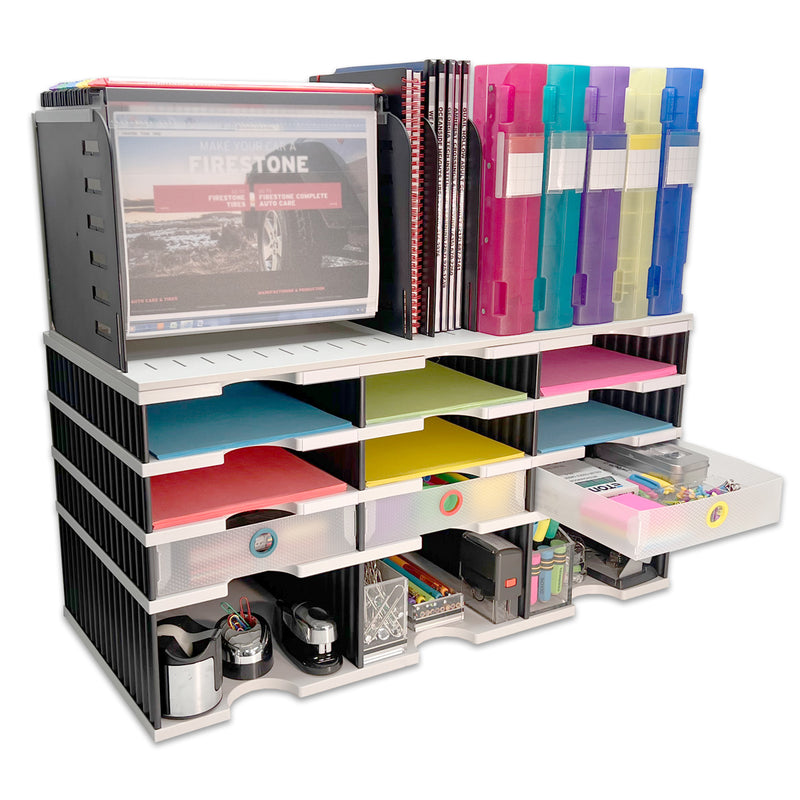 TierDrop™ Desktop Organizer (9 Compartments, 3 Supply Drawers, PLUS a Riser Storage Base, COMBINED with a TierDrop™ Hanging File/Vertical File Topper