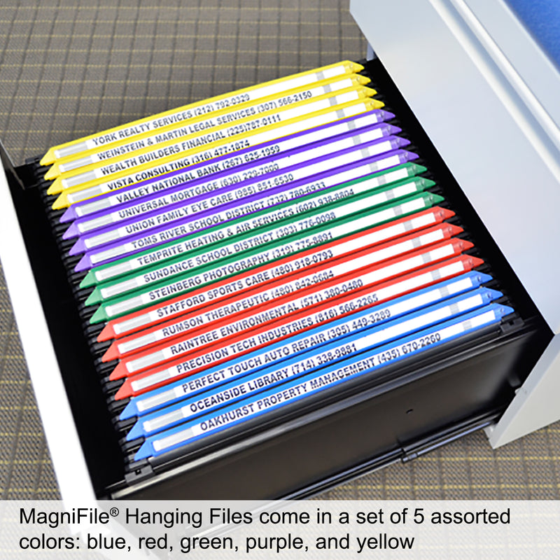 Ultimate Office MagniFile™ Hanging File Folders V-Base, Letter Size with 11" Magnified Indexes that DOUBLE THE SIZE of Your File Titles to FIND FILES FAST. Set of 5 Assorted with 25 Index Strips and AN UNCONDITIONAL LIFETIME GUARANTEE!