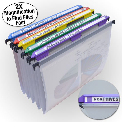 Ultimate Office MagniFile™ Hanging File Folders V-Base, Letter Size.  11" Magnified Indexes DOUBLE THE SIZE of Your File Titles to FIND FILES FAST. Includes 25 Index Strips and UNCONDITIONAL LIFETIME GUARANTEE! (Set of 5, Frost with Assorted)