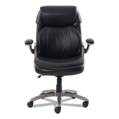 Mid-Back Executive Chair w/Pivot Reactive Ergonomic Support and SertaPedic Comfort Systems.  Padded, Flip-Up Armrests.  Supports up to 275 lbs.  Black Leather and Slate Base.