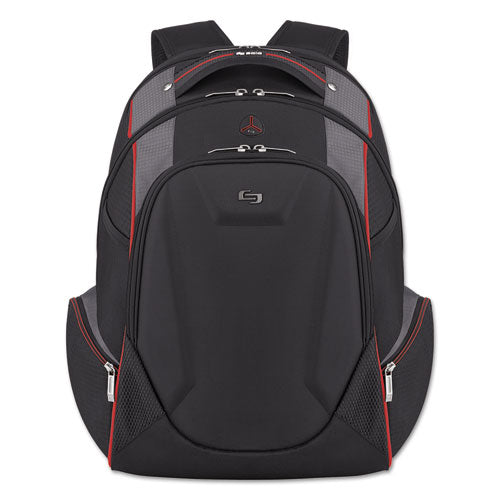 Launch Laptop Backpack holds Laptops up to 17 1/4", 12 1/2" x19 1/2" x 9", Black w/Gray & Red