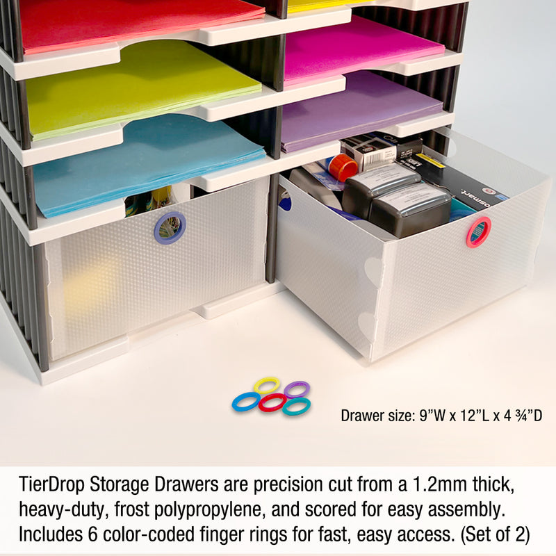 Desktop Organizer 10 Letter Tray Sorter Plus Riser Storage Base & 2 Storage Drawers - TierDrop™ Plus Stores All of Your Documents & Supplies in Clear View & Within Arm's Reach Using Minimal Desk Space