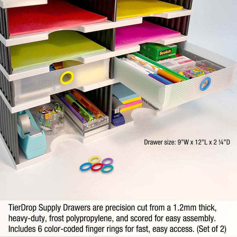 Desktop Organizer 10 Letter Tray Sorter Plus Riser Storage Base & 2 Supply Drawers - TierDrop™ Plus Stores All of Your Documents & Supplies in Clear View & Within Arm's Reach Using Minimal Desk Space