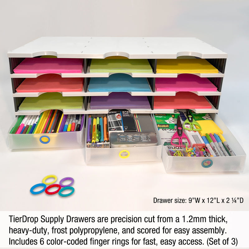 TierDrop Desktop Organizer 9 Letter Tray Sorter with 3 Supply Drawers - Stores All of Your Documents, Forms, & Frequently Used Supplies in Clear View and Within Arm's Reach, Using Minimal Desk Space