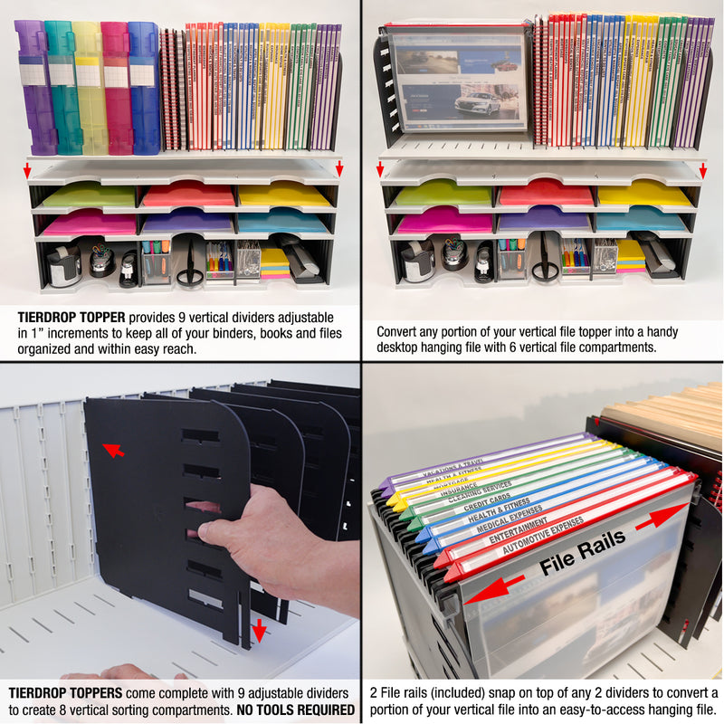 Desktop Organizer 6 Letter Tray Sorter with Vertical & Hanging File Topper - Uses Vertical Space to Store All of Your Documents, Files, Forms, Books & Binders In Clear View & Within Arm's Reach