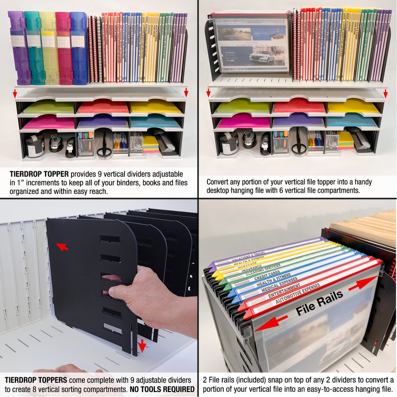 Desktop Organizer 12 Slot Sorter, Riser Base, Vertical File Top & 3 Storage Drawers - Ultimate Office TierDrop™ Organizer Keeps All of Your Documents, Binders and Supplies in One Compact Modular System