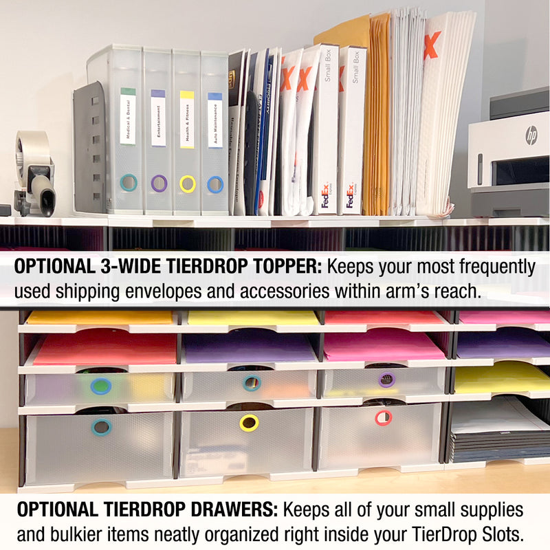 Ultimate Office TierDrop™ PLUS 72-Slot with Riser Storage Base, 57"w Literature, Forms, Mail and Classroom Sorter