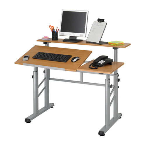 Adjustable-Height, Split-Level Table, Medium Oak w/ Silver