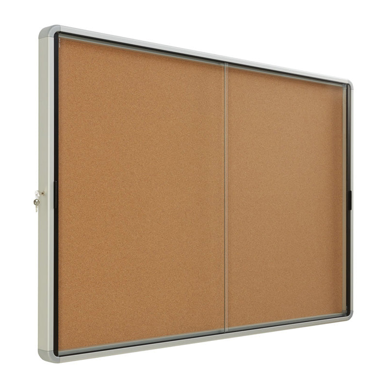 Enclosed Indoor Cork Bulletin Board w/ Sliding Glass Doors, Silver Frame