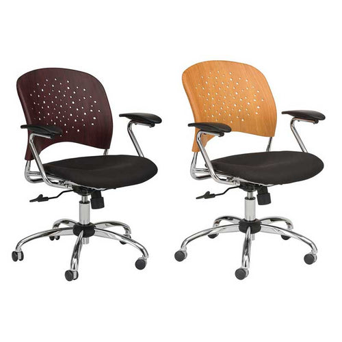 Manager Chair w/ Round Plastic Wood Back & Black Upholstered Seat