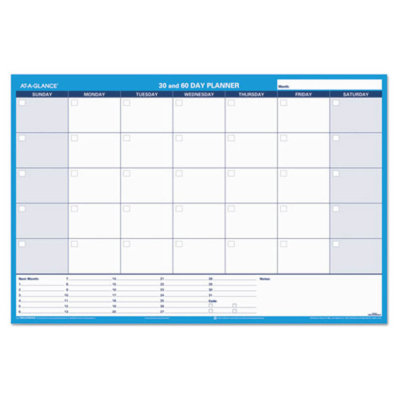 30/60-Day Undated Horizontal Erasable Wall Planner, White/Blue
