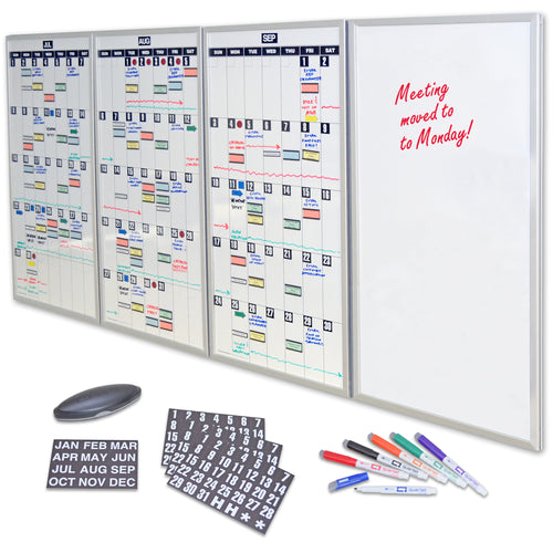 Ultimate Office Whiteboard Dry Erase Magnetic Write On Planning Boards & Scheduling Kit. Includes Set of 3 Monthly Panels, 1 Plain Panel, Magnets, 6 Markers and Eraser. Rotatable & Easy to Update