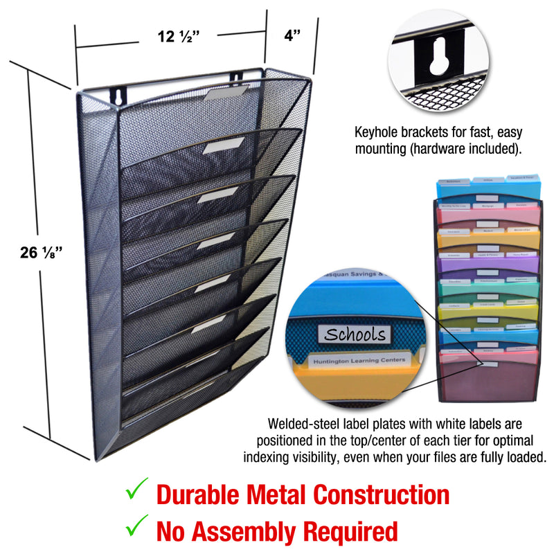 Ultimate Office Mesh Wall File Organizer, 8 Tier Vertical Mount Hanging File Sorter, Multipurpose Display Rack Includes 18, 3rd-Cut PocketFiles™, Black