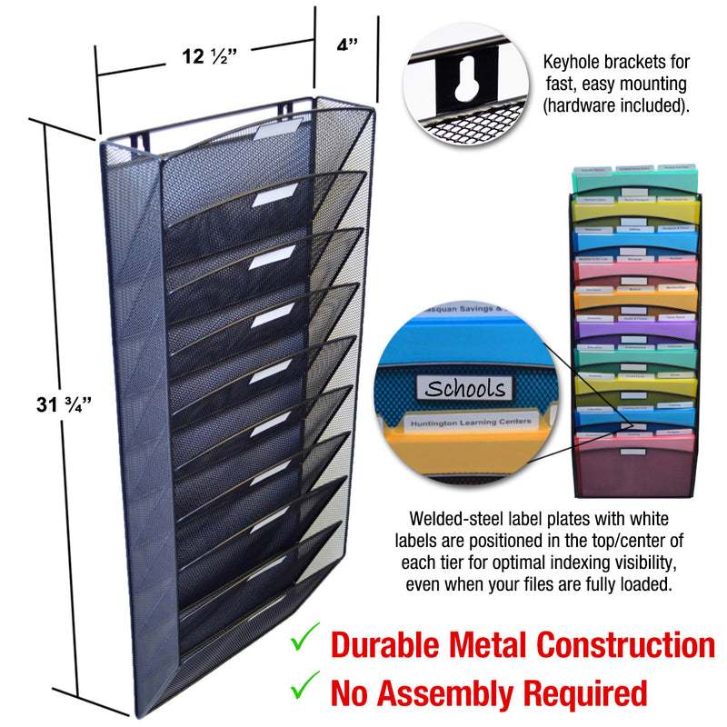 Ultimate Office Mesh Wall File Organizer, 10 Tier Vertical Mount Hanging File Sorter, High Capacity Multipurpose Display Rack Includes 18, 3rd-Cut PocketFiles™, Black