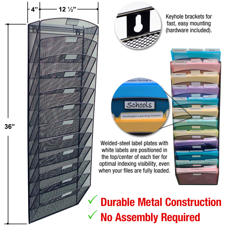 Ultimate Office Mesh Wall File Organizer, 12 Tier Vertical Mount Hanging File Sorter, High Capacity Multipurpose Display Rack Includes 18, 3rd-Cut PocketFiles™, Black