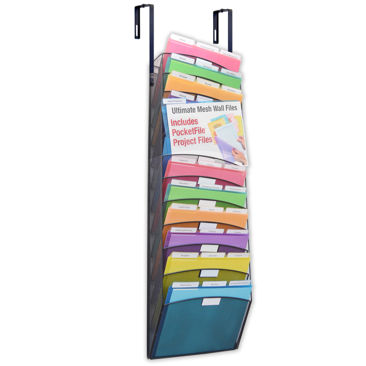 5-Tier Wall File Organizer, Black Mesh, Hanging Mail Holder, Magazine Rack