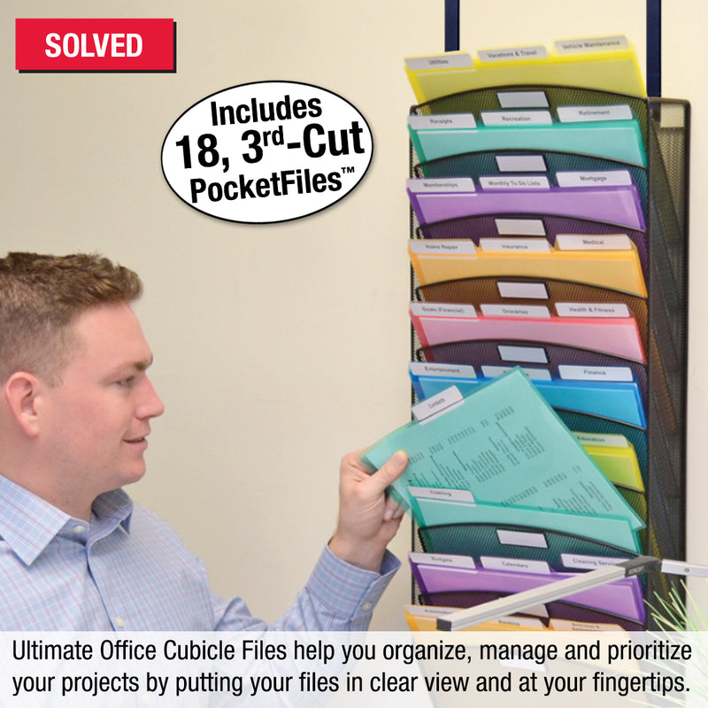 Ultimate Office Mesh Wall File Organizer, 15 Tier High-Capacity Cubicle File Folder Holder Over the Panel Partition Display Rack, Includes 18, 3rd-Cut PocketFiles™, Black