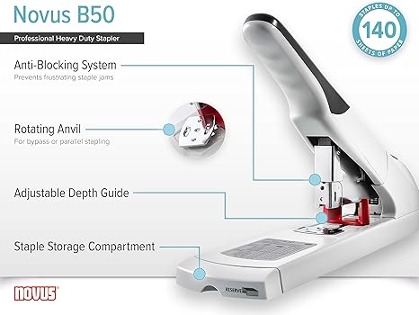 Novus B50 Heavy Duty Stapler, 140 Sheet Capacity, Anti-Jam, 3" Stapling Depth w/Adjustable Guide
