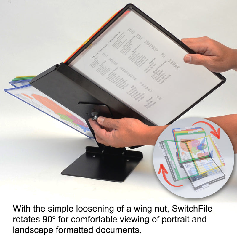 Ultimate Office SwitchFile Reference Organizer Displays BOTH Landscape or Portrait Documents, Desk or Wall Mount, Featuring, 10 EZ-LOAD Pockets & Tabs, Black Base with Colored Pockets