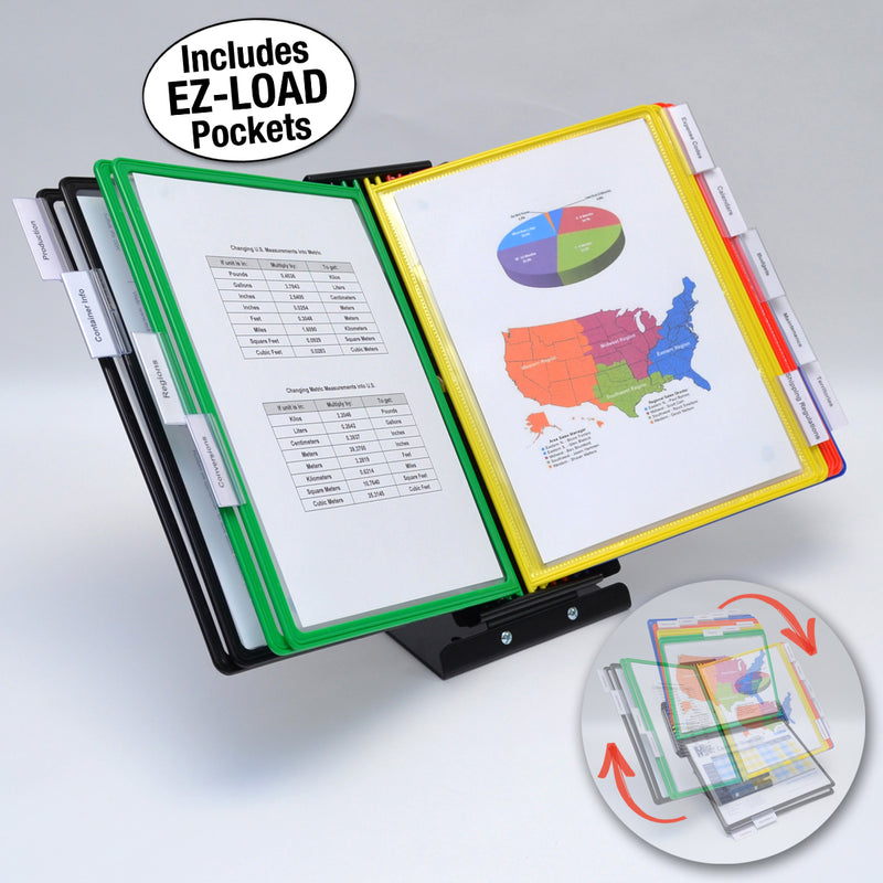 Ultimate Office SwitchFile Reference Organizer Displays BOTH Landscape or Portrait Documents, Desk or Wall Mount, Featuring, 10 EZ-LOAD Pockets & Tabs, Black Base with Colored Pockets