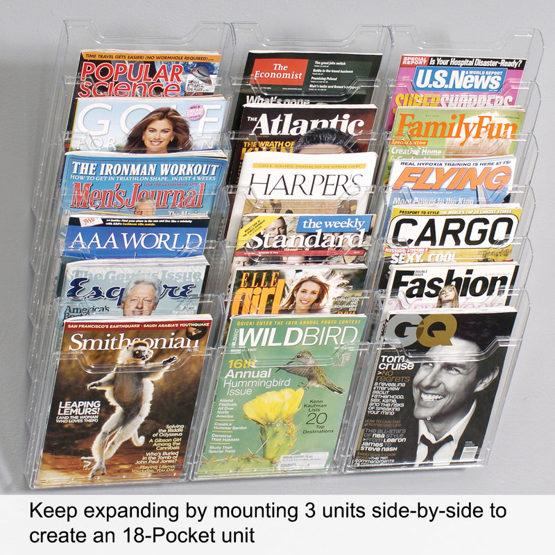 Ultimate Office Literature Display, Magazine Rack 12-Pocket Crystal Clear Cascading Modular Design Takes Up Less Wall Space and Can Be Expanded Top to Bottom and Side by Side Any Time!