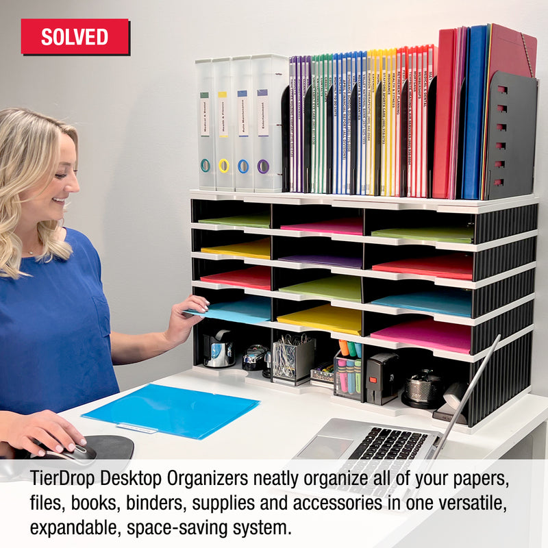 Desktop Organizer 12 Letter Tray Sorter, Riser Base and Vertical File Topper - Ultimate Office TierDrop™ Organizer Stores All of Your Documents, Forms, Books & Binders in One Compact Modular System