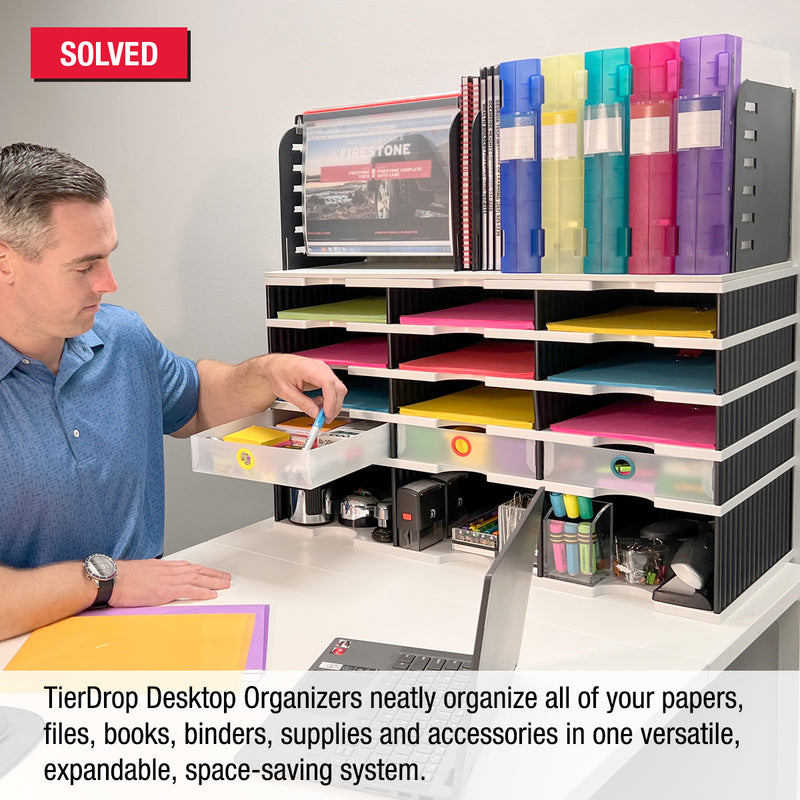 Desktop Organizer 12 Slot Sorter, Riser Base, Hanging File Top & 3 Supply Drawers - Ultimate Office TierDrop™ Organizer Stores All of Your Documents, Binders and Supplies in One Compact Modular System