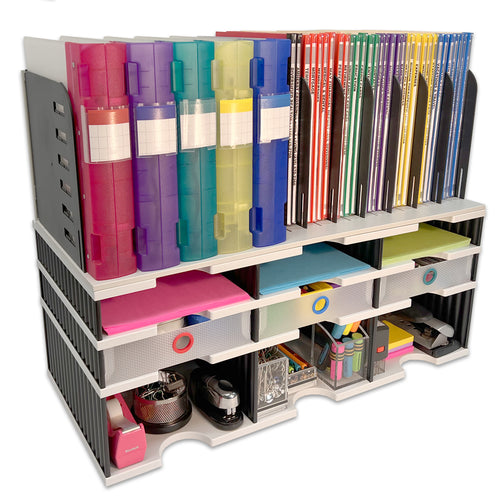 Desktop Organizer 6 Slot Sorter, Riser Base, Vertical File Top & 3 Supply Drawers - Uses Vertical Space to Store All of Your Documents, Files, Binders and Supplies in Clear View & Within Arm's Reach