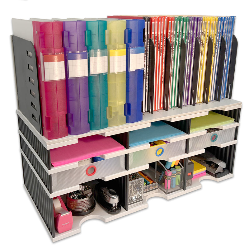 Desktop Organizer 6 Slot Sorter, Riser Base, Vertical File Top & 3 Supply Drawers - Uses Vertical Space to Store All of Your Documents, Files, Binders and Supplies in Clear View & Within Arm's Reach