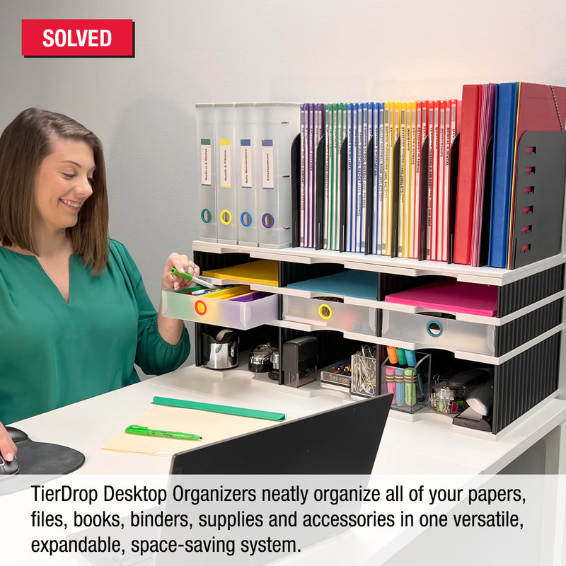 Desktop Organizer 6 Slot Sorter, Riser Base, Vertical File Top & 3 Supply Drawers - Uses Vertical Space to Store All of Your Documents, Files, Binders and Supplies in Clear View & Within Arm's Reach