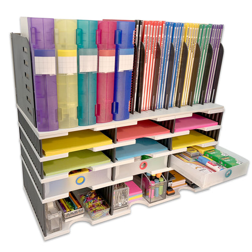 Desktop Organizer 9 Slot Sorter, Riser Base, Vertical File Top & 3 Supply Drawers - Uses Vertical Space to Store All of Your Documents, Files, Binders and Supplies in Clear View & Within Arm's Reach