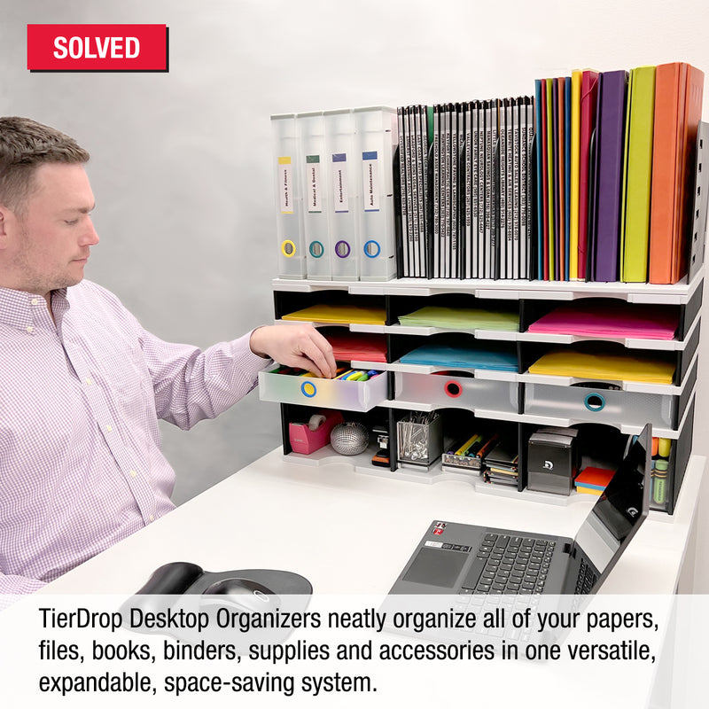 Desktop Organizer 9 Slot Sorter, Riser Base, Vertical File Top & 3 Supply Drawers - Uses Vertical Space to Store All of Your Documents, Files, Binders and Supplies in Clear View & Within Arm's Reach