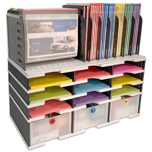 Desktop Organizer 9 Slot Sorter, Riser Base, Hanging File Top & 3 Storage Drawers - Uses Vertical Space to Store All of Your Documents, Files, Binders and Supplies in Clear View & Within Arm's Reach