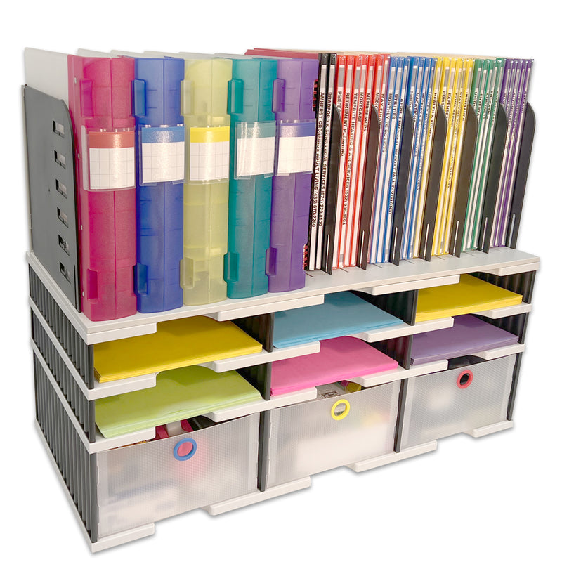 Desktop Organizer 6 Slot Sorter, Riser Base, Vertical File Top & 3 Storage Drawers - Uses Vertical Space to Store All of Your Documents, Files, Binders and Supplies in Clear View & Within Arm's Reach
