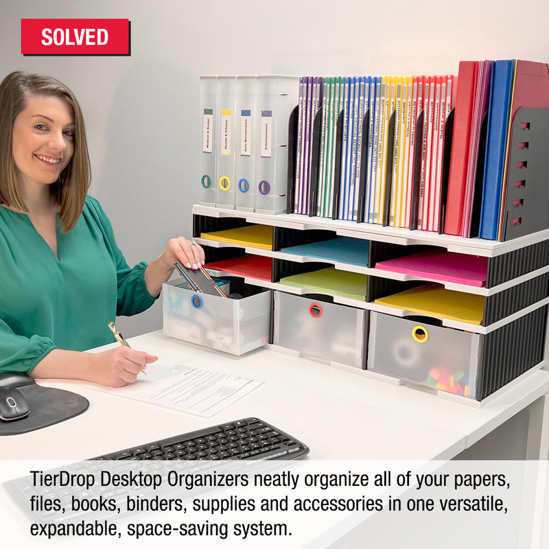 Desktop Organizer 6 Slot Sorter, Riser Base, Vertical File Top & 3 Storage Drawers - Uses Vertical Space to Store All of Your Documents, Files, Binders and Supplies in Clear View & Within Arm's Reach