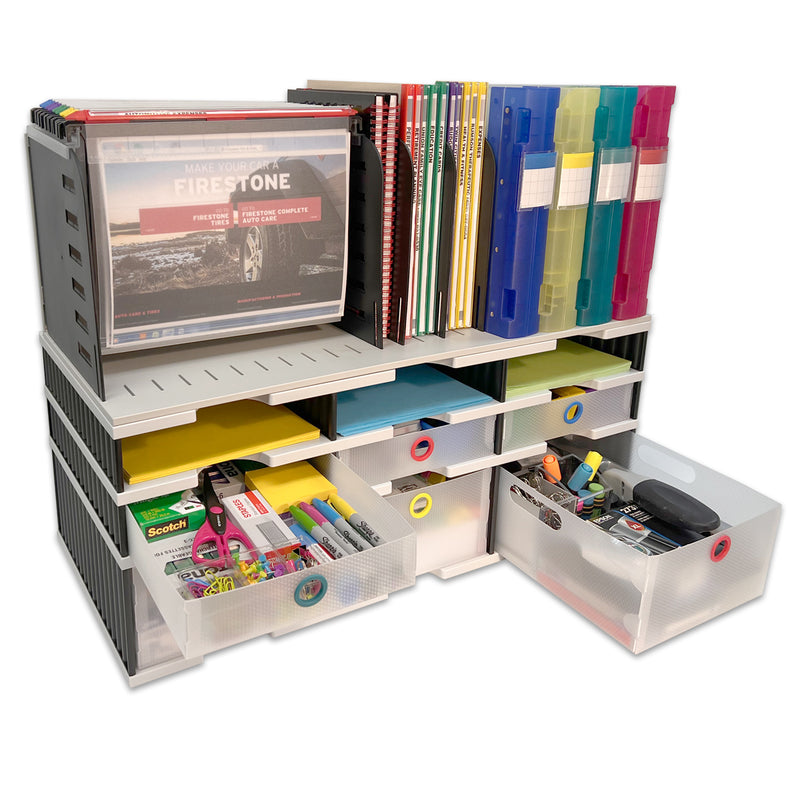 Desktop Organizer 6 Slot Sorter, Riser Base, Hanging File, 3 Storage & 3 Supply Drawers - Uses Vertical Space to Store All of Your Documents, Binders and Supplies in Clear View & Within Arm's Reach