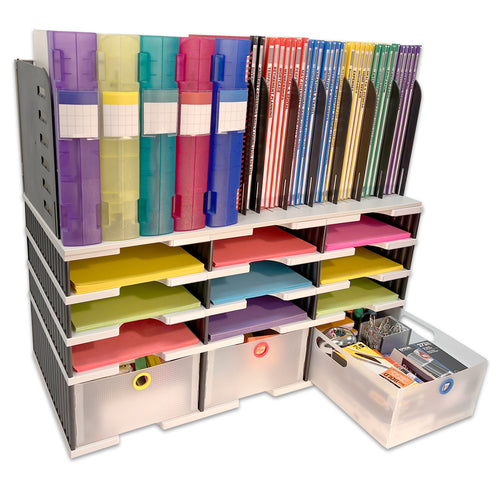 Desktop Organizer 9 Slot Sorter, Riser Base, Vertical File Top & 3 Storage Drawers - Uses Vertical Space to Store All of Your Documents, Files, Binders and Supplies in Clear View & Within Arm's Reach