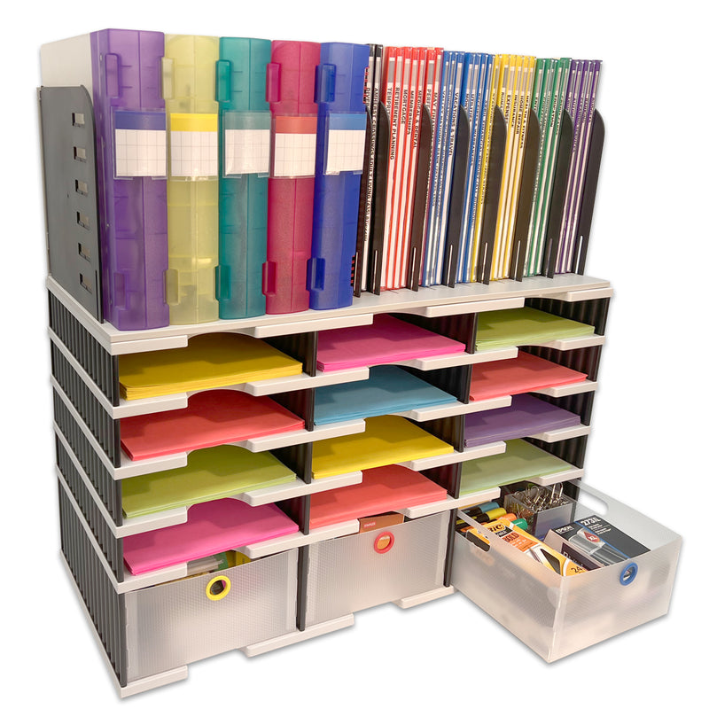 Desktop Organizer 12 Slot Sorter, Riser Base, Vertical File Top & 3 Storage Drawers - Ultimate Office TierDrop™ Organizer Keeps All of Your Documents, Binders and Supplies in One Compact Modular System