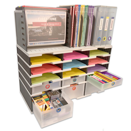 Desktop Organizer 12 Slot Sorter, Riser Base, Hanging File, 3 Storage & 3 Supply Drawers - TierDrop™ Organizer Stores All of Your Documents, Files, Binders and Supplies in One Compact Modular System